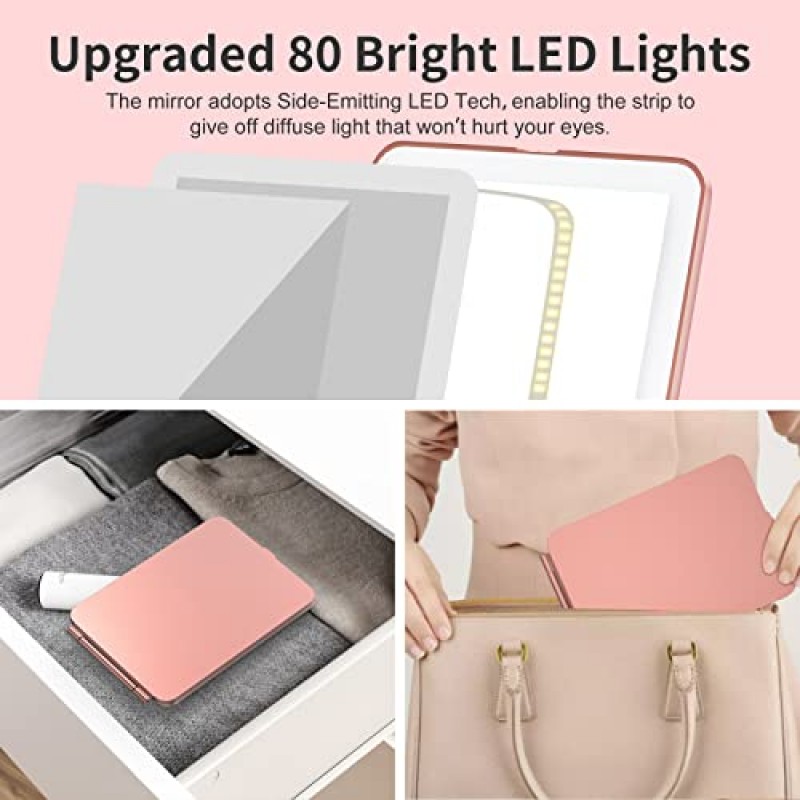 10배 확대경이 있는 메시온 화장 거울, 80개의 LED 조명이 있는 화장 거울, 소형 LED 거울, 3가지 색상의 조명이 있는 휴대용 화장품 거울, 여성용 여행용 액세서리(로즈 골드)