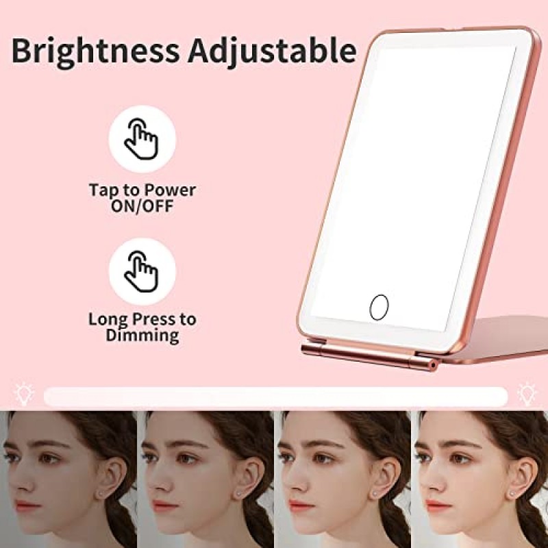 10배 확대경이 있는 메시온 화장 거울, 80개의 LED 조명이 있는 화장 거울, 소형 LED 거울, 3가지 색상의 조명이 있는 휴대용 화장품 거울, 여성용 여행용 액세서리(로즈 골드)