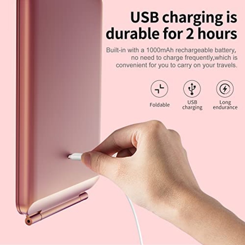 10배 확대경이 있는 메시온 화장 거울, 80개의 LED 조명이 있는 화장 거울, 소형 LED 거울, 3가지 색상의 조명이 있는 휴대용 화장품 거울, 여성용 여행용 액세서리(로즈 골드)