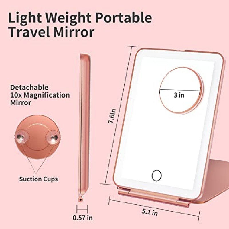 10배 확대경이 있는 메시온 화장 거울, 80개의 LED 조명이 있는 화장 거울, 소형 LED 거울, 3가지 색상의 조명이 있는 휴대용 화장품 거울, 여성용 여행용 액세서리(로즈 골드)