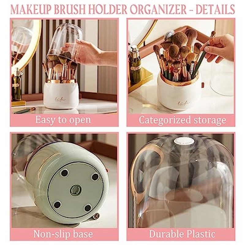 Liazy esuoh 메이크업 브러쉬 홀더 주최자 뚜껑 포함 360 회전 메이크업 브러쉬 컨테이너, 화장대/드레서/욕실에 적합(흰색)
