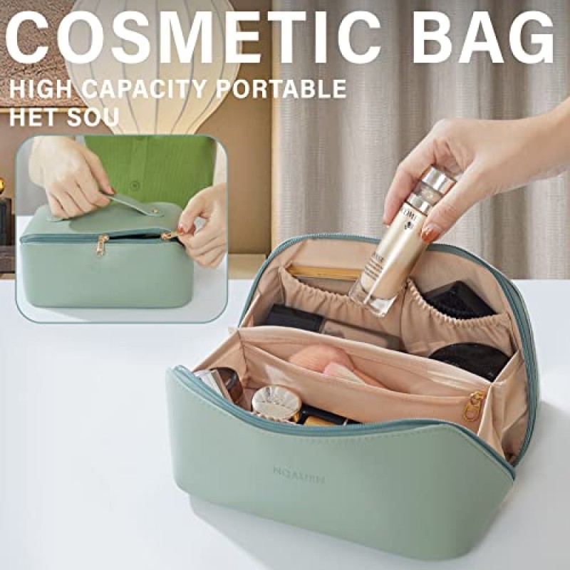 nqauen 메이크업 가방 대용량 여행용 화장품 가방 TravelToiletry Bag Organizer with Handle and Divider 화장품 가방 (녹색, 중형)