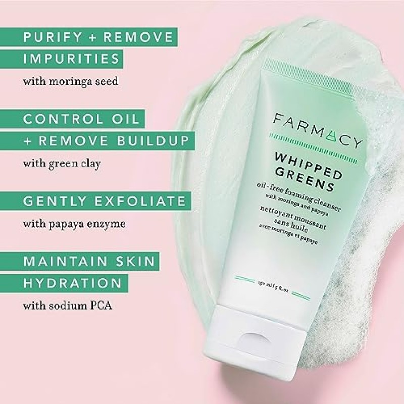 Farmacy Whipped Greens 페이스 워시 - 복합성 및 지성 피부를 위한 오일 프리 포밍 페이셜 클렌저(5.0 Fl Oz)