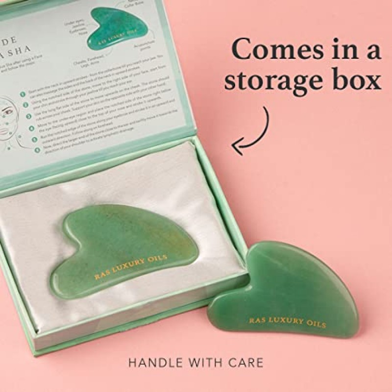 RAS LUXURY OILS Jade Gua Sha 얼굴 리프팅 마사지기, 얼굴 도구, 턱 뺨 및 눈썹 조각, 얼굴 근육 이완, 붓기 및 주름 감소, 스파 침술, 얼굴 트리거 포인트 테라피
