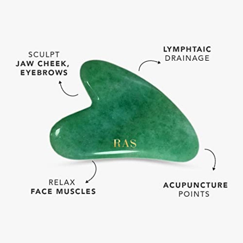 RAS LUXURY OILS Jade Gua Sha 얼굴 리프팅 마사지기, 얼굴 도구, 턱 뺨 및 눈썹 조각, 얼굴 근육 이완, 붓기 및 주름 감소, 스파 침술, 얼굴 트리거 포인트 테라피