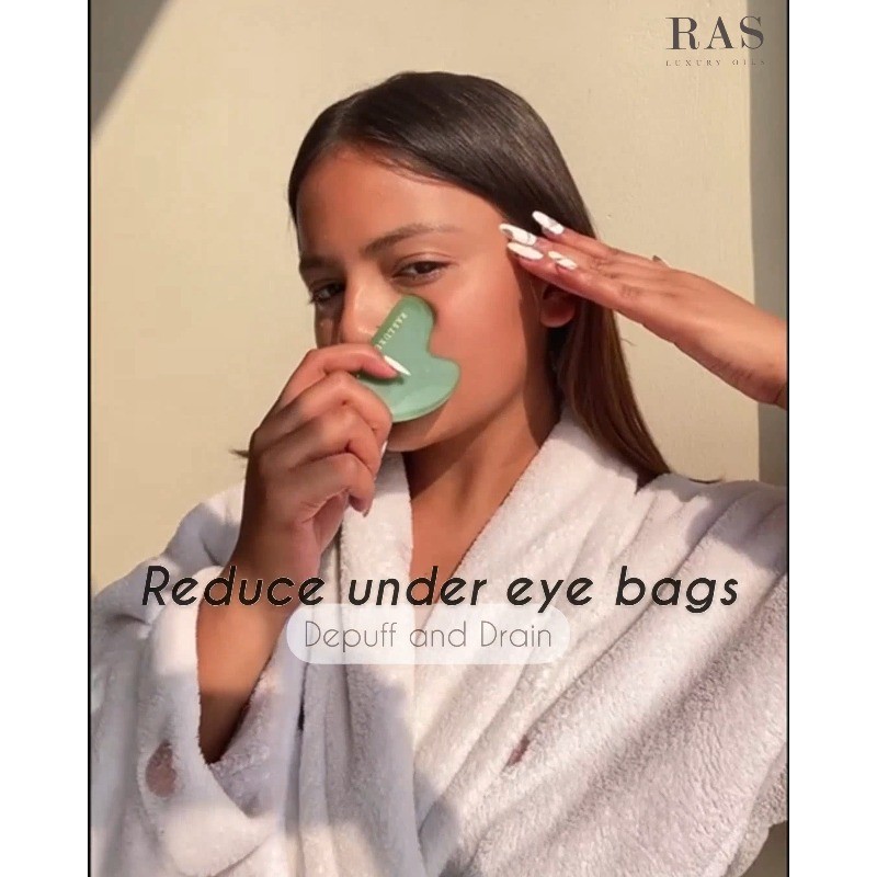RAS LUXURY OILS Jade Gua Sha 얼굴 리프팅 마사지기, 얼굴 도구, 턱 뺨 및 눈썹 조각, 얼굴 근육 이완, 붓기 및 주름 감소, 스파 침술, 얼굴 트리거 포인트 테라피