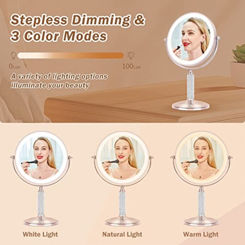 조명이있는 블링 라인 석 메이크업 거울 1x /10X 확대 양면 회전 Led 충전식 화장 거울 7 