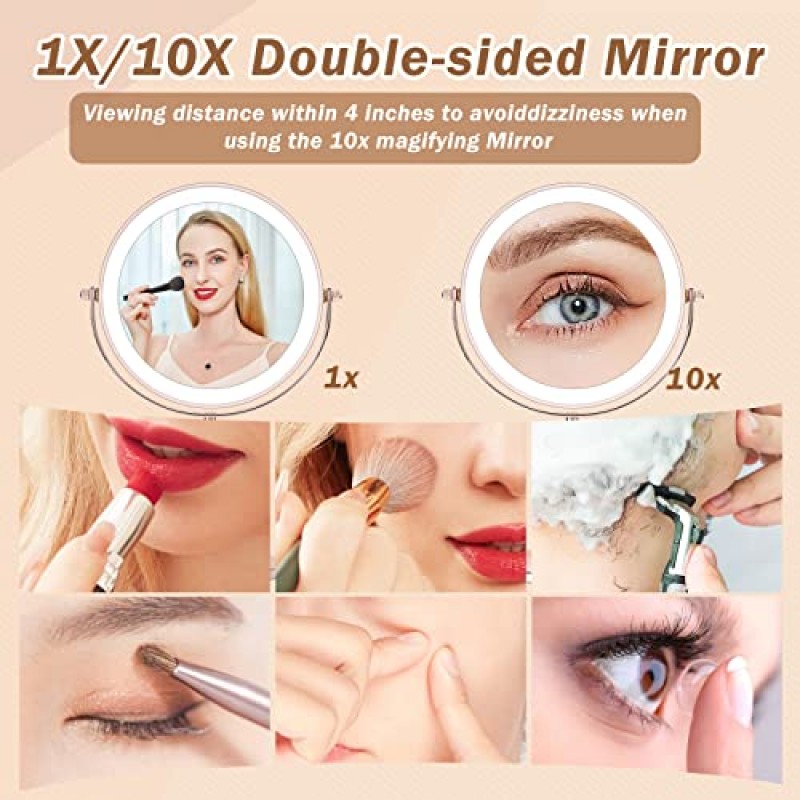 조명이있는 블링 라인 석 메이크업 거울 1x /10X 확대 양면 회전 Led 충전식 화장 거울 7 