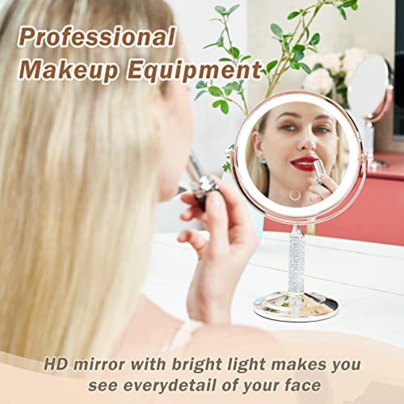 조명이있는 블링 라인 석 메이크업 거울 1x /10X 확대 양면 회전 Led 충전식 화장 거울 7 