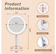 조명이있는 블링 라인 석 메이크업 거울 1x /10X 확대 양면 회전 Led 충전식 화장 거울 7 