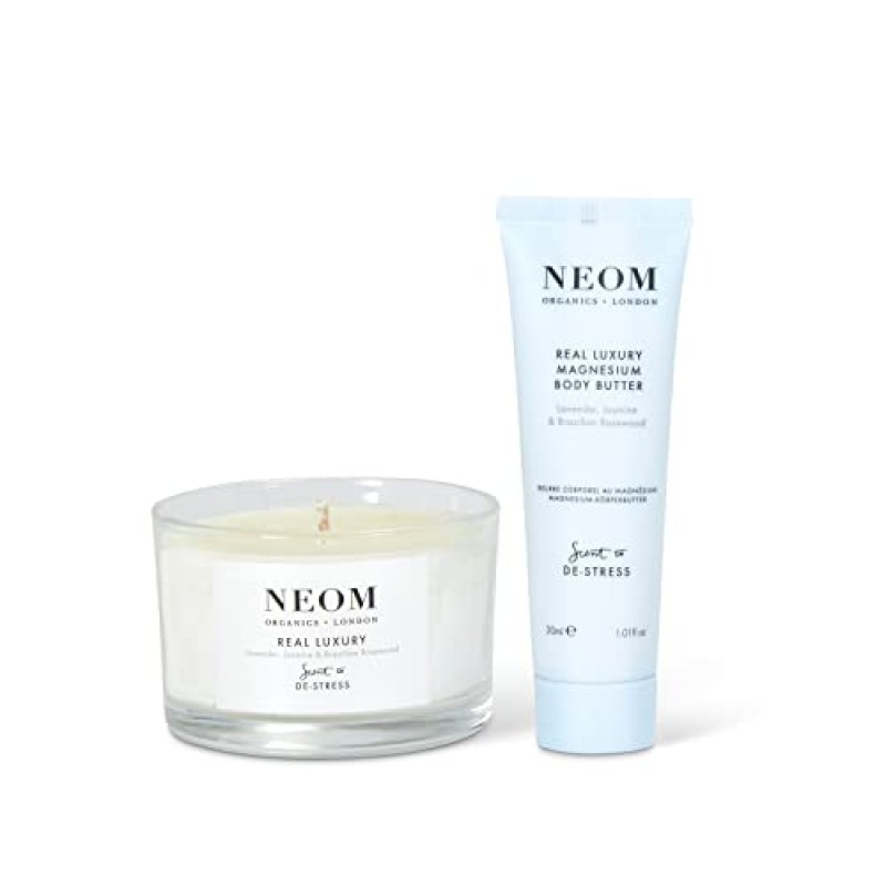 네옴 - 리얼 럭셔리 선물 세트 | 리얼 럭셔리 센티드 트래블 캔들 & 마그네슘 바디 버터, 30ml | 라벤더, 자스민, 로즈우드