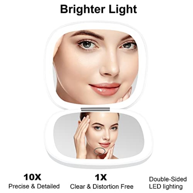 deweisn 소형 거울, 핸드백 및 포켓용 1X/10X 확대 양면 디밍이 가능한 휴대용 포켓이 있는 조명 여행용 화장 거울, USB 충전(흰색)