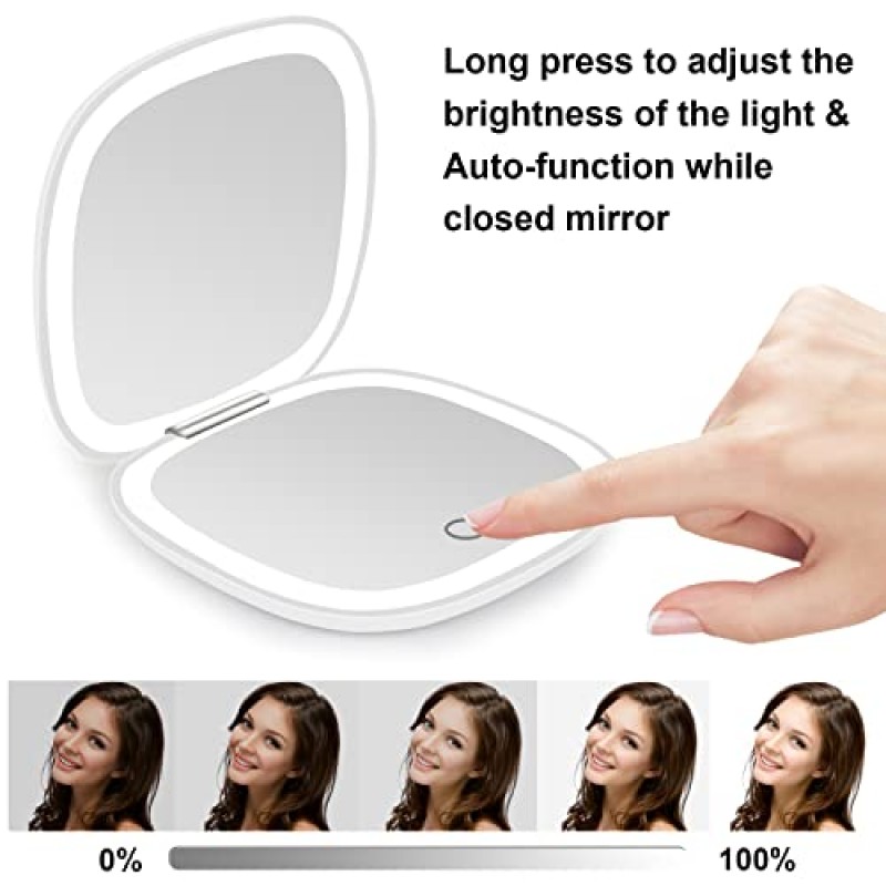 deweisn 소형 거울, 핸드백 및 포켓용 1X/10X 확대 양면 디밍이 가능한 휴대용 포켓이 있는 조명 여행용 화장 거울, USB 충전(흰색)
