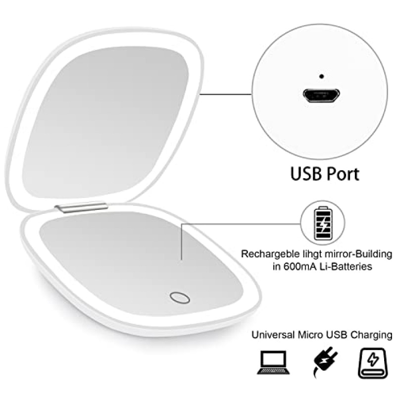 deweisn 소형 거울, 핸드백 및 포켓용 1X/10X 확대 양면 디밍이 가능한 휴대용 포켓이 있는 조명 여행용 화장 거울, USB 충전(흰색)