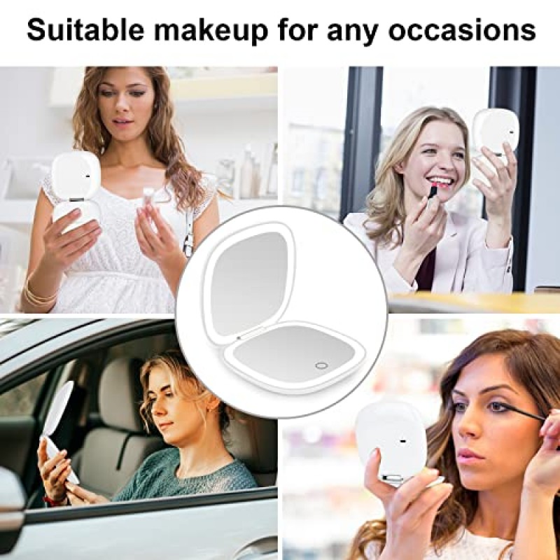 deweisn 소형 거울, 핸드백 및 포켓용 1X/10X 확대 양면 디밍이 가능한 휴대용 포켓이 있는 조명 여행용 화장 거울, USB 충전(흰색)