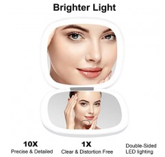 deweisn 소형 거울, 핸드백 및 포켓용 1X/10X 확대 양면 디밍이 가능한 휴대용 포켓이 있는 조명 여행용 화장 거울, USB 충전(흰색)