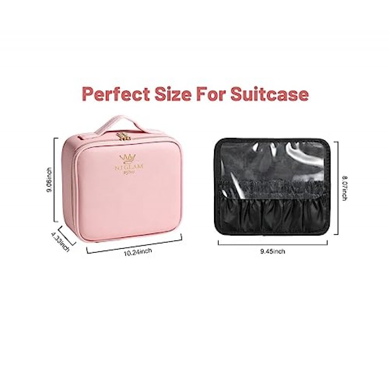 조명 거울이 포함된 NJ GLAM 여행용 메이크업 가방 4K LED 거울 충전식 - 거울이 포함된 메이크업 가방, 보석 상자 및 10X 분리형 거울 포함 - 거울과 조명이 포함된 메이크업 케이스(핑크)