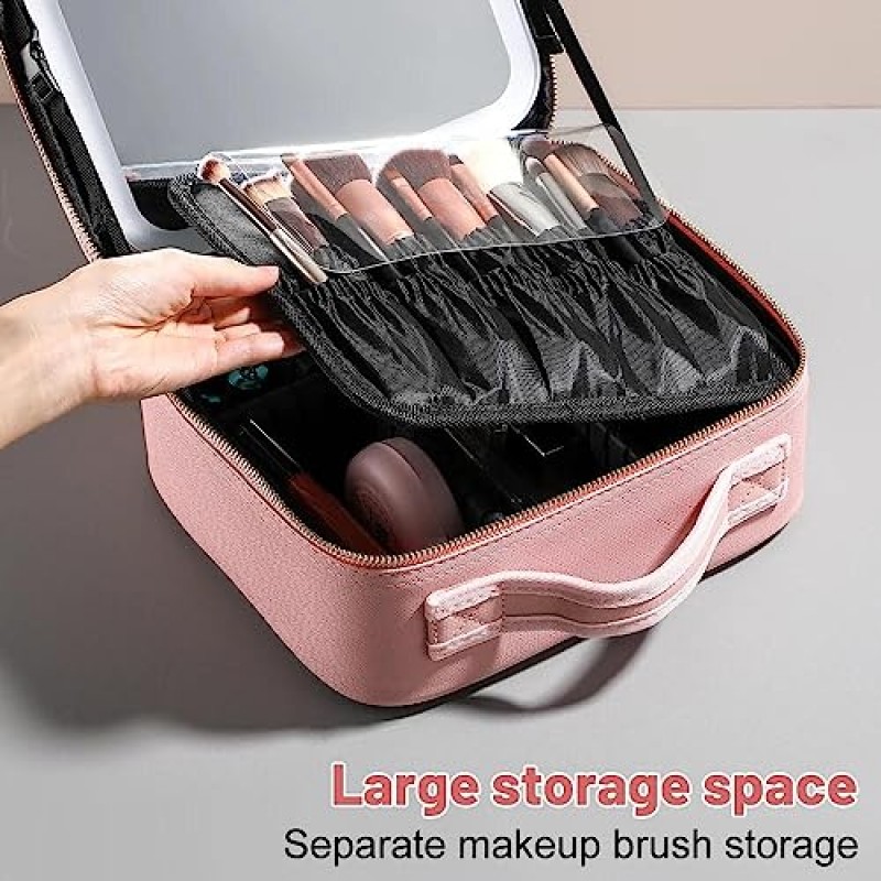 조명 거울이 포함된 NJ GLAM 여행용 메이크업 가방 4K LED 거울 충전식 - 거울이 포함된 메이크업 가방, 보석 상자 및 10X 분리형 거울 포함 - 거울과 조명이 포함된 메이크업 케이스(핑크)