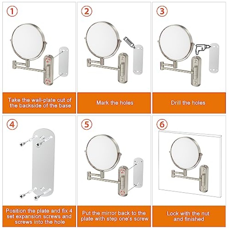 VORREMIRR 벽걸이형 화장 거울 벽걸이용 8.5인치 확대경 양면 360° 회전식 확장형 욕실 거울, 면도용 거울, 화장용 거울, 반짝이는 니켈, 조명 없음