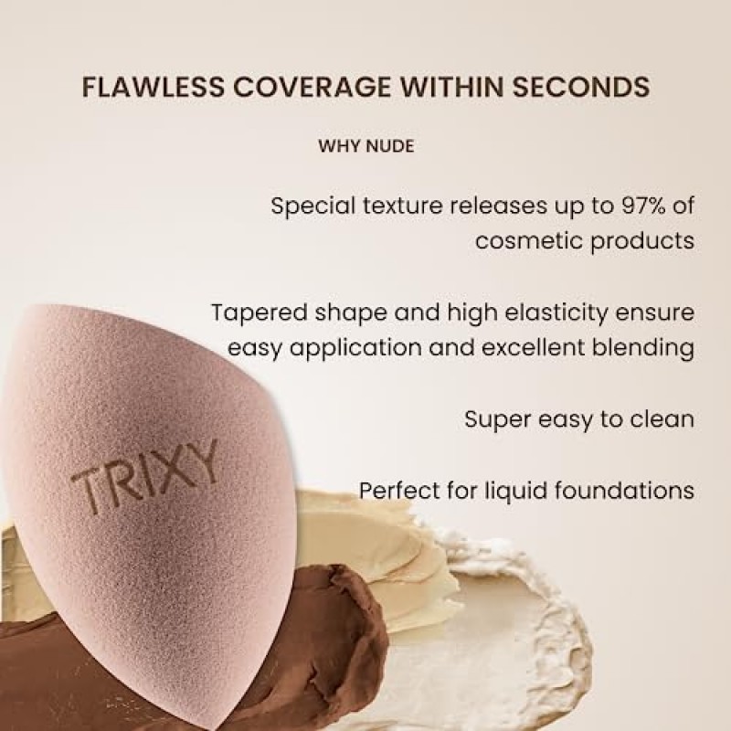 TRIXY BEAUTY 메이크업 스펀지 부드럽고 탄력있는 저자극성 라텍스 블렌딩용 리퀴드 파운데이션 파우더 및 크림 건식 및 습식 사용 간편한 세척(누드(베이지))