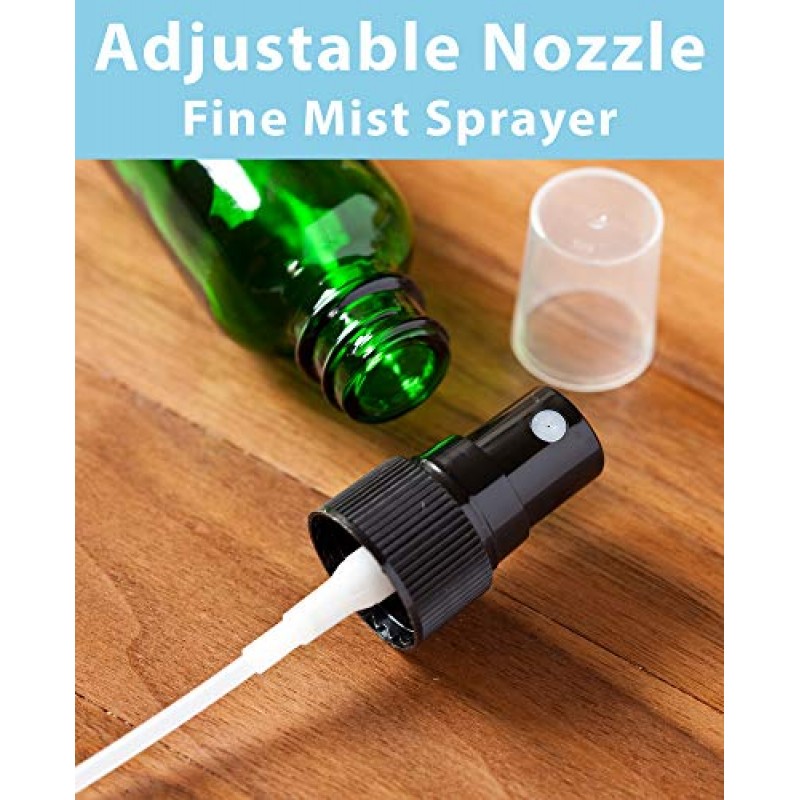 JUVITUS 1온스/30ml 그린 글래스 럭셔리 보스턴 라운드 빈 병, 블랙 파인 미스트 스프레이(12팩) + 깔때기