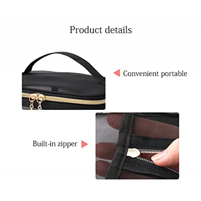 SLYZLGC 메이크업 투명 메쉬 지갑 세면용품 화장품 가방 여성용 휴대용 정리함 여행 사이즈 비치 토트, 소형 대형 지퍼 메이크업 보관함 휴가 필수품(블랙-DFB)