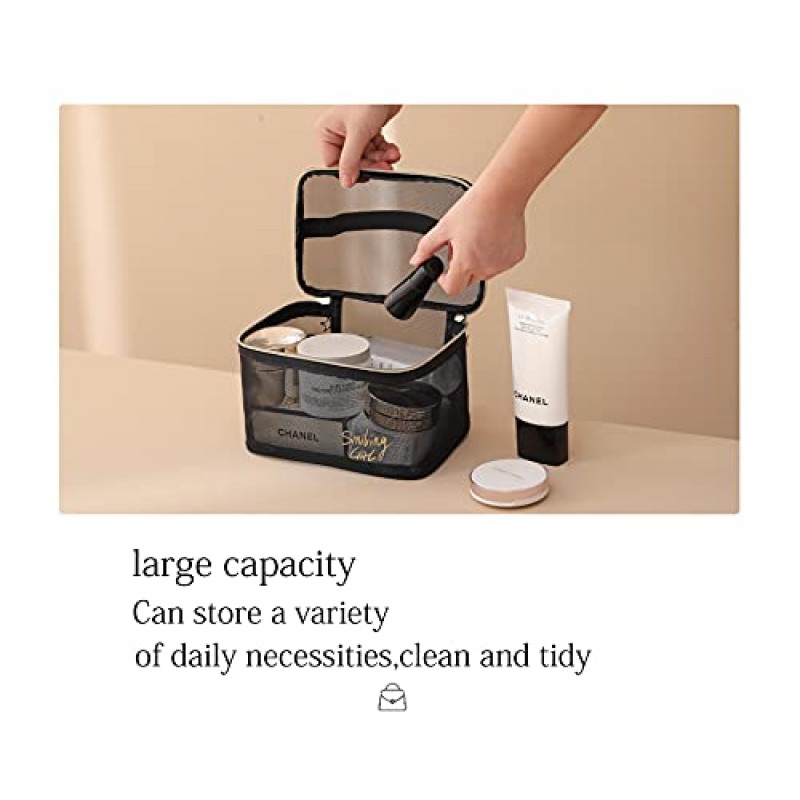 SLYZLGC 메이크업 투명 메쉬 지갑 세면용품 화장품 가방 여성용 휴대용 정리함 여행 사이즈 비치 토트, 소형 대형 지퍼 메이크업 보관함 휴가 필수품(블랙-DFB)