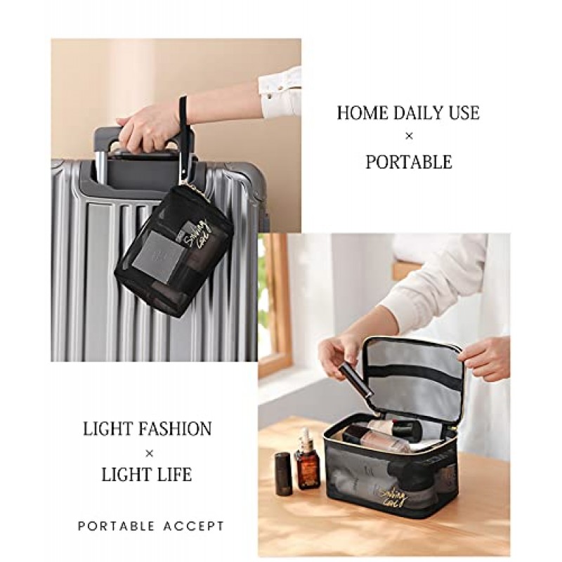 SLYZLGC 메이크업 투명 메쉬 지갑 세면용품 화장품 가방 여성용 휴대용 정리함 여행 사이즈 비치 토트, 소형 대형 지퍼 메이크업 보관함 휴가 필수품(블랙-DFB)