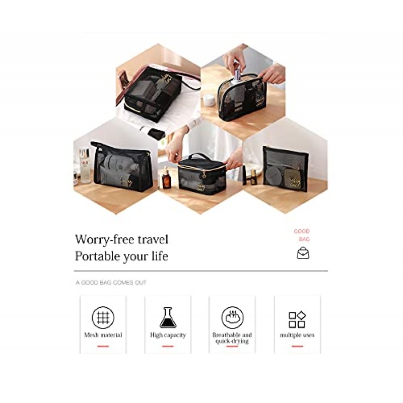 SLYZLGC 메이크업 투명 메쉬 지갑 세면용품 화장품 가방 여성용 휴대용 정리함 여행 사이즈 비치 토트, 소형 대형 지퍼 메이크업 보관함 휴가 필수품(블랙-DFB)