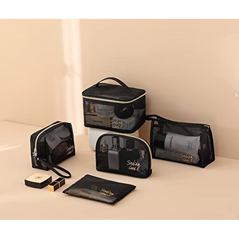 SLYZLGC 메이크업 투명 메쉬 지갑 세면용품 화장품 가방 여성용 휴대용 정리함 여행 사이즈 비치 토트, 소형 대형 지퍼 메이크업 보관함 휴가 필수품(블랙-DFB)