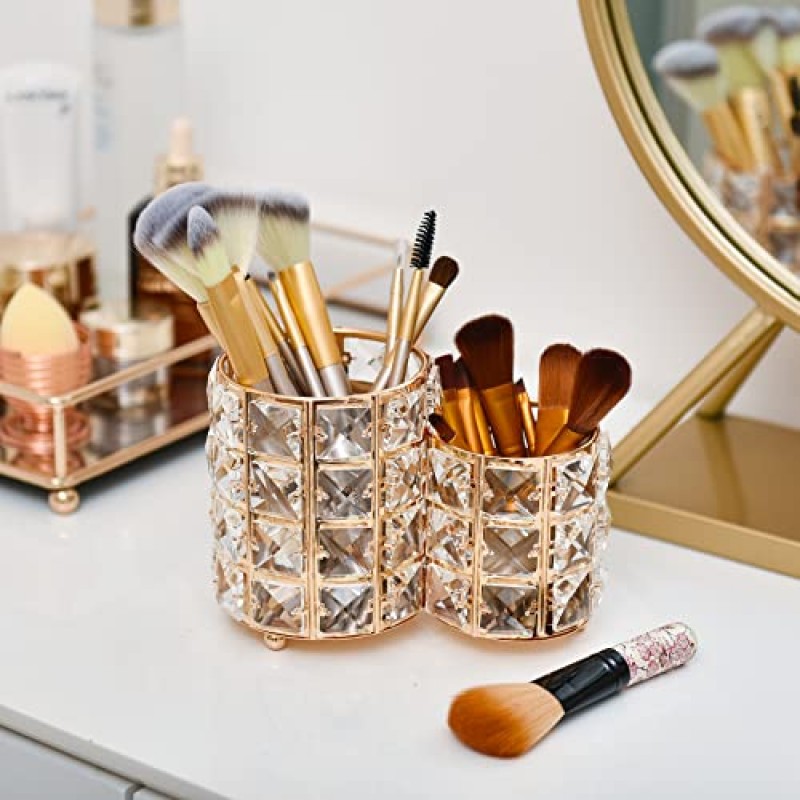 Feyarl 크리스탈 메이크업 브러쉬 홀더 블링 손수 빗 브러쉬 펜 연필 홀더 냄비 컵 보관 화장품 도구 주최자 컨테이너 드레서 사무실을위한 화려한 장식 (골드)