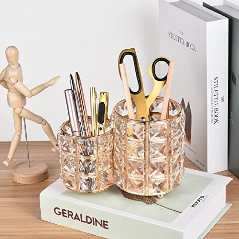 Feyarl 크리스탈 메이크업 브러쉬 홀더 블링 손수 빗 브러쉬 펜 연필 홀더 냄비 컵 보관 화장품 도구 주최자 컨테이너 드레서 사무실을위한 화려한 장식 (골드)
