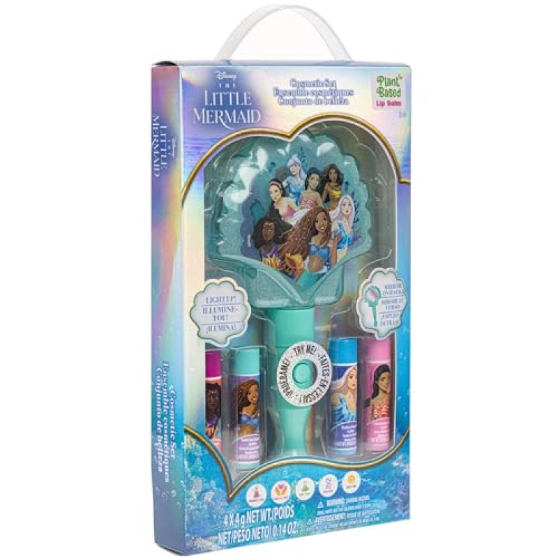 디즈니 인어공주 화장품 세트 4pk 립밤 식물 기반 라이트업 거울과 다양한 공주 스탬프 1개 - 2023