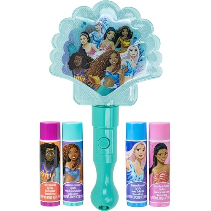 디즈니 인어공주 화장품 세트 4pk 립밤 식물 기반 라이트업 거울과 다양한 공주 스탬프 1개 - 2023