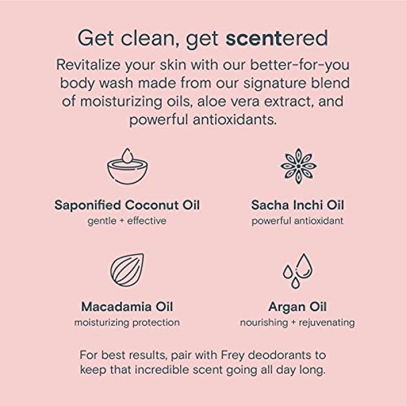 FREY 내추럴 바디 워시 - 코코넛, 아르간, 사차인치 및 마카다미아 영양 오일이 함유된 보습 샤워 젤 - 민감한 피부를 위한 부드러운 클렌징 - 자스민 로즈 화이트 시더 향 - 16온스 병