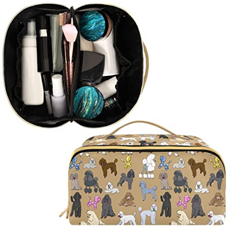 PIHNSDUA 만화 해피 푸들 대용량 화장품 가방 여행 메이크업 가방 대형 오프닝 및 핸들 여성용 능직 화장품 주최자