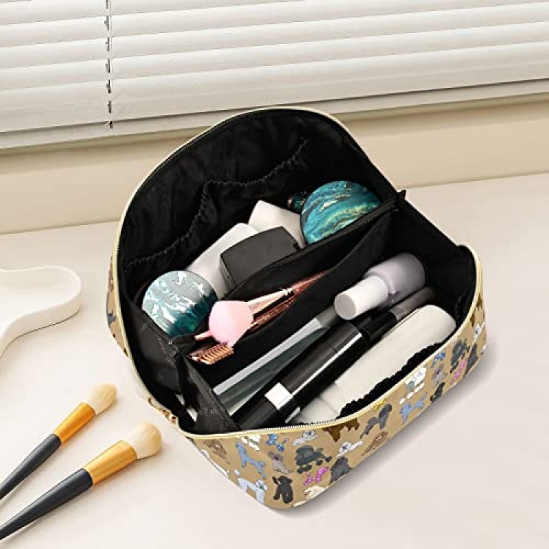 PIHNSDUA 만화 해피 푸들 대용량 화장품 가방 여행 메이크업 가방 대형 오프닝 및 핸들 여성용 능직 화장품 주최자