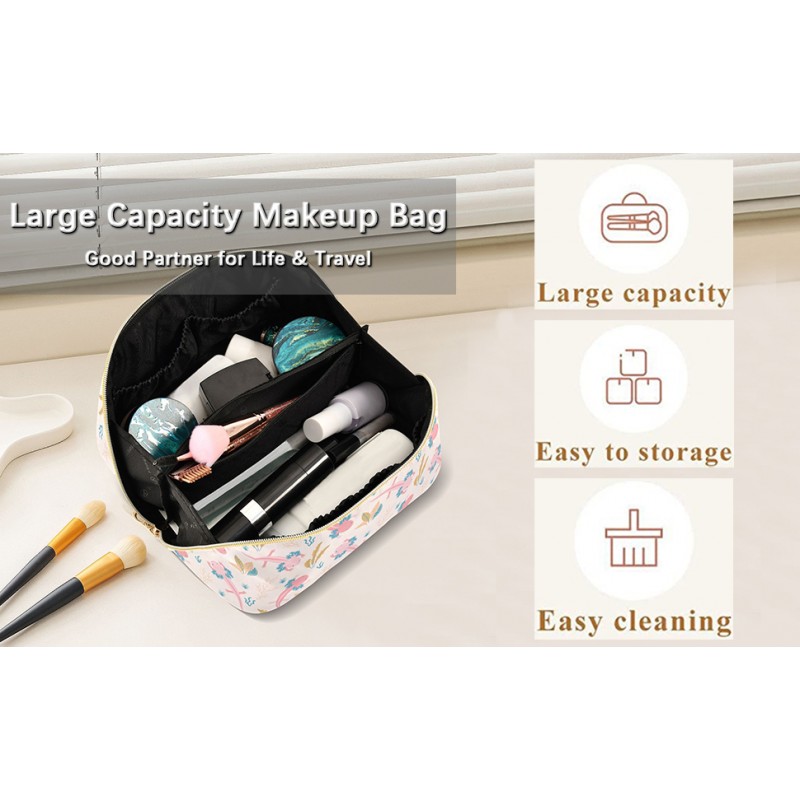 PIHNSDUA 만화 해피 푸들 대용량 화장품 가방 여행 메이크업 가방 대형 오프닝 및 핸들 여성용 능직 화장품 주최자