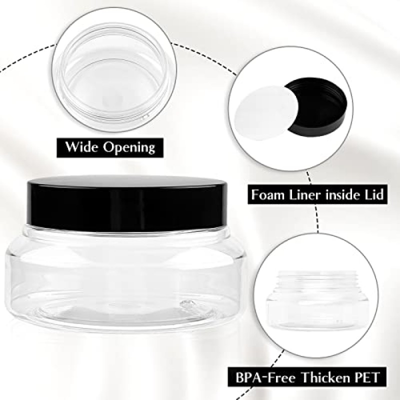 TUZAZO 5온스 플라스틱 용기 투스카니 항아리 뚜껑 BPA 없음, 24팩 빈 원형 ​​투명 화장품 용기 로션, 크림, 젤, 설탕 스크럽용 바디 버터 항아리