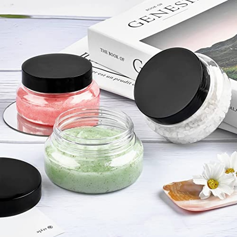 TUZAZO 5온스 플라스틱 용기 투스카니 항아리 뚜껑 BPA 없음, 24팩 빈 원형 ​​투명 화장품 용기 로션, 크림, 젤, 설탕 스크럽용 바디 버터 항아리