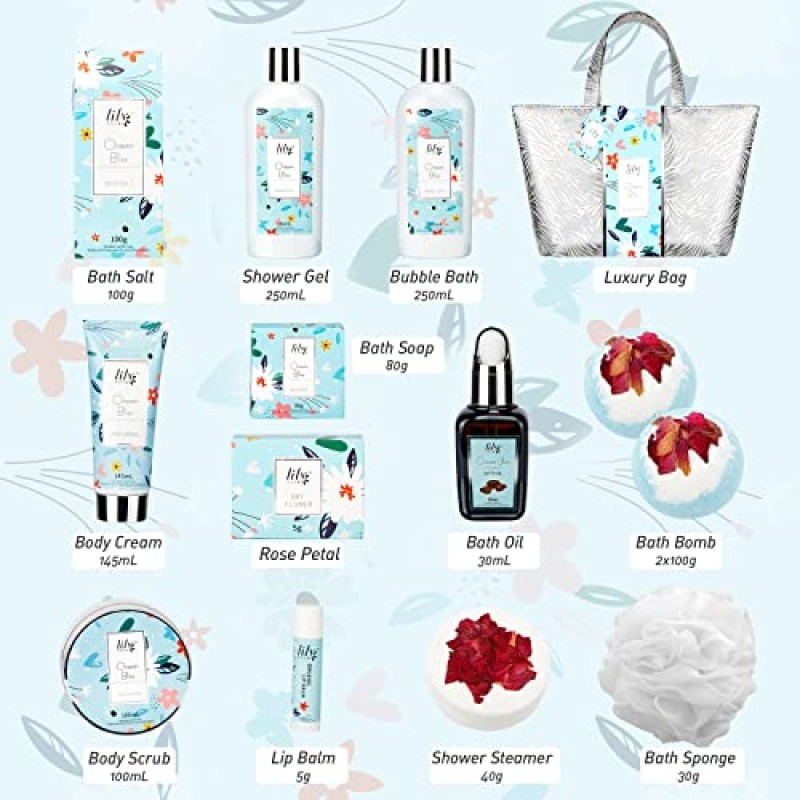 여성을 위한 스파 선물, 여성을 위한 오션 블리스 선물 바구니, 여성을 위한 생일 선물 14Pcs 샤워 젤, 샤워 기선, 목욕 폭탄, 장미 꽃잎, 거품 목욕, 실버 럭셔리 가방, 그녀를 위한 선물…