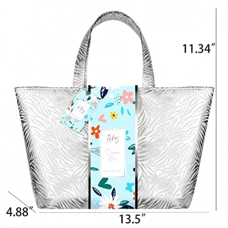 여성을 위한 스파 선물, 여성을 위한 오션 블리스 선물 바구니, 여성을 위한 생일 선물 14Pcs 샤워 젤, 샤워 기선, 목욕 폭탄, 장미 꽃잎, 거품 목욕, 실버 럭셔리 가방, 그녀를 위한 선물…