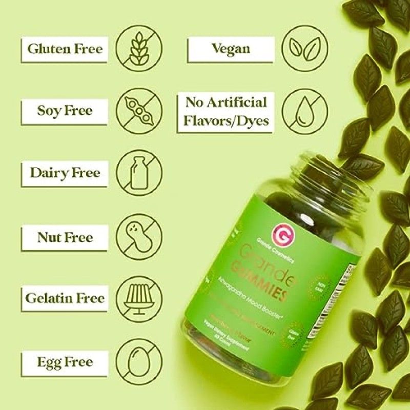 Grande Cosmetics Ashwagandha 스트레스, 기분 및 에너지 지원 비타민 구미 - 비건, 글루텐 프리, 비 GMO - 2개월 분량, 60정, 딸기 맛