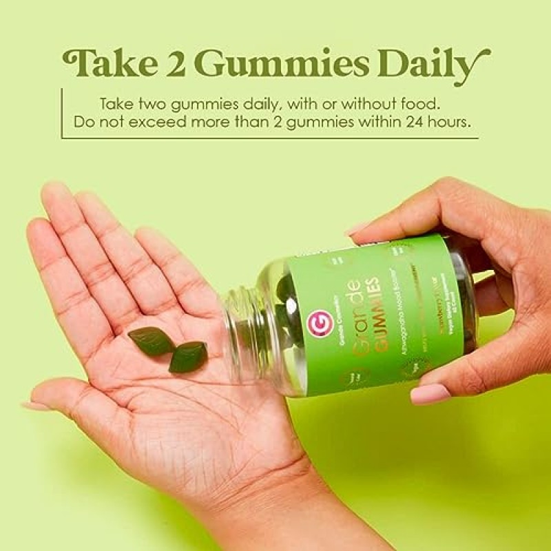 Grande Cosmetics Ashwagandha 스트레스, 기분 및 에너지 지원 비타민 구미 - 비건, 글루텐 프리, 비 GMO - 2개월 분량, 60정, 딸기 맛