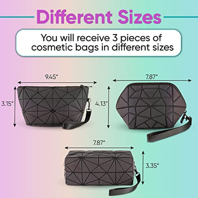 여성용 Pryzm 메이크업 백 세트(3팩) - 팔찌가 포함된 화장품 파우치 - 세면용품 정리함 지갑 - 야광, 어둠 속에서 빛나는 반사, 기하학 및 홀로그램 디자인