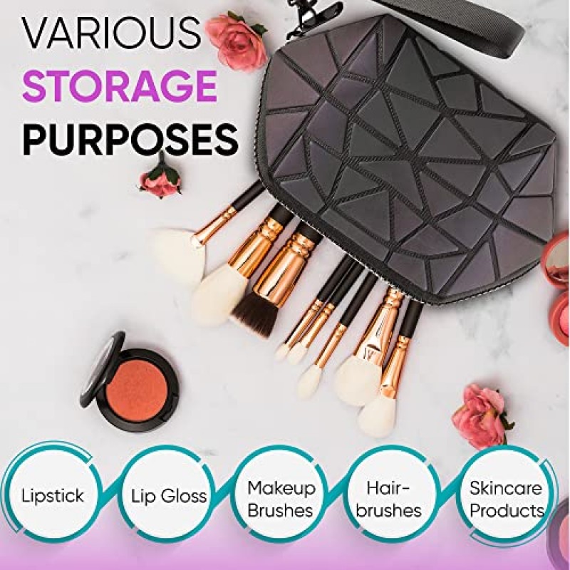 여성용 Pryzm 메이크업 백 세트(3팩) - 팔찌가 포함된 화장품 파우치 - 세면용품 정리함 지갑 - 야광, 어둠 속에서 빛나는 반사, 기하학 및 홀로그램 디자인