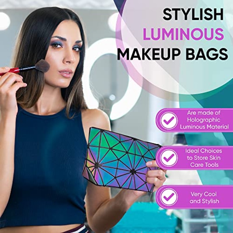여성용 Pryzm 메이크업 백 세트(3팩) - 팔찌가 포함된 화장품 파우치 - 세면용품 정리함 지갑 - 야광, 어둠 속에서 빛나는 반사, 기하학 및 홀로그램 디자인