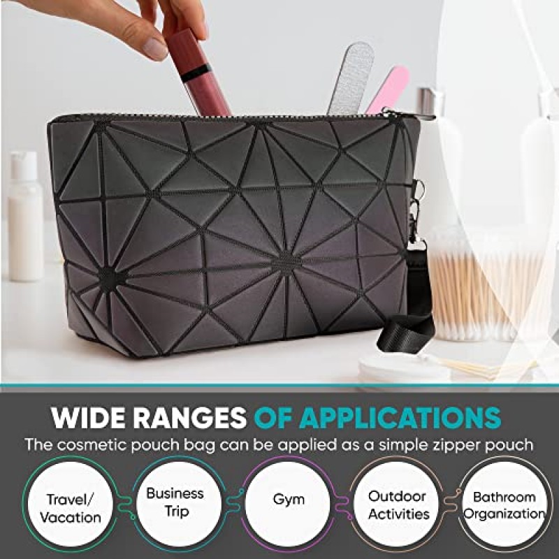 여성용 Pryzm 메이크업 백 세트(3팩) - 팔찌가 포함된 화장품 파우치 - 세면용품 정리함 지갑 - 야광, 어둠 속에서 빛나는 반사, 기하학 및 홀로그램 디자인