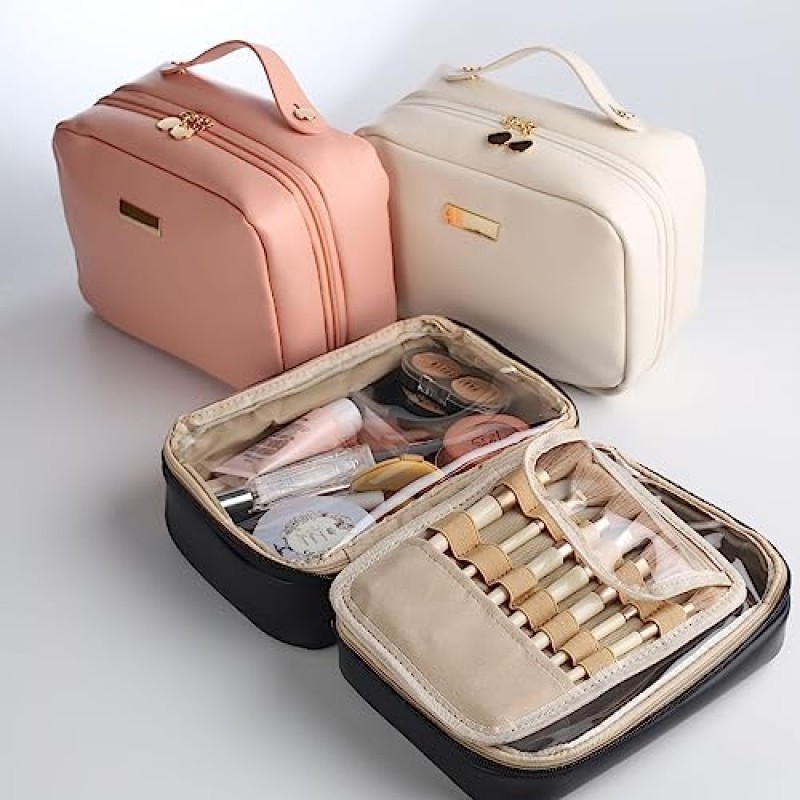 OLBUPS 휴대용 대용량 화장품 가방, 스킨 케어 제품, 메이크업 브러쉬 보관 가방, 더블 레이어 메이크업 가방 (화이트)