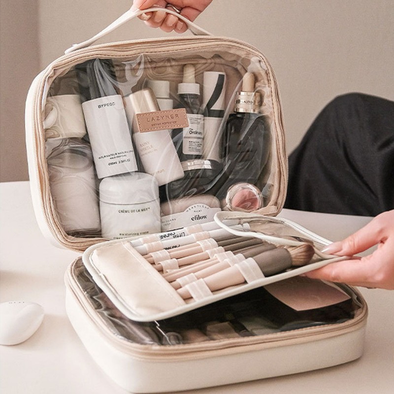 OLBUPS 휴대용 대용량 화장품 가방, 스킨 케어 제품, 메이크업 브러쉬 보관 가방, 더블 레이어 메이크업 가방 (화이트)